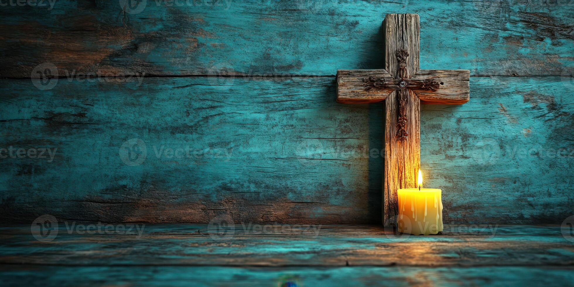 Wooden cross with candle on rustic blue wooden background creates serene atmosphere for reflection and spirituality photo