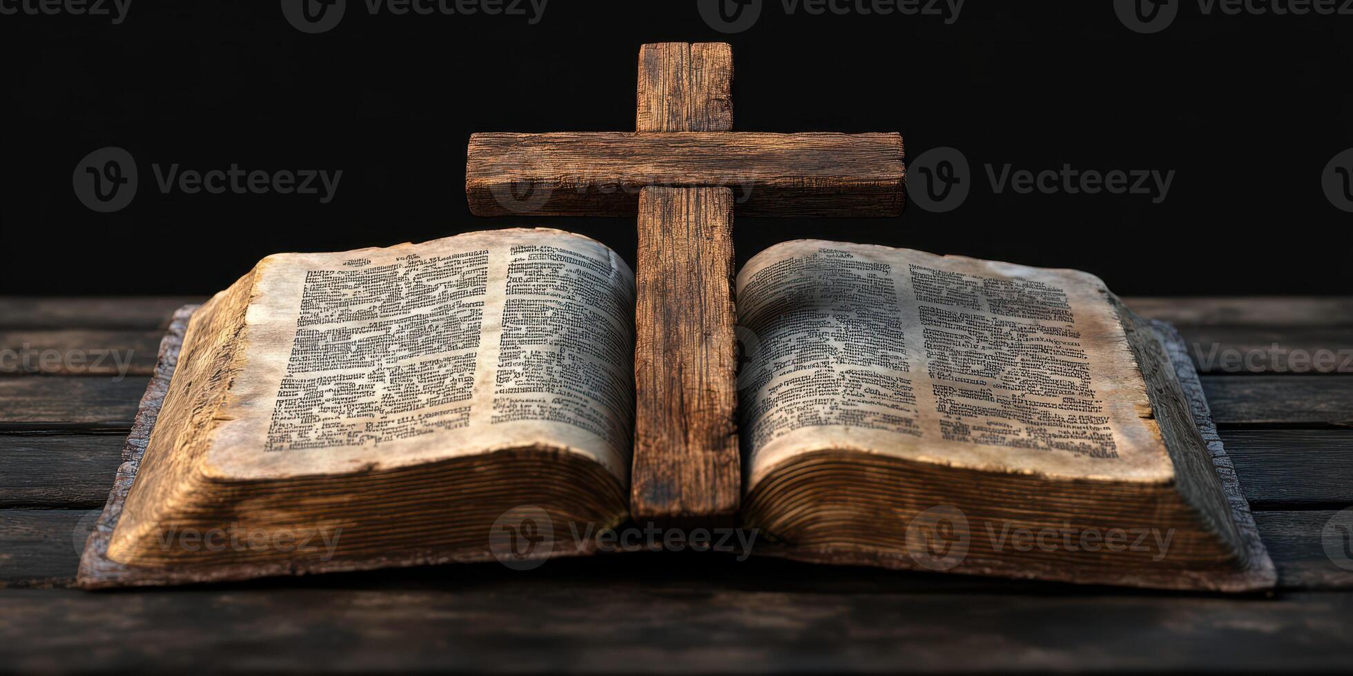 Antique Bible with a Wooden Cross on a Dark Tabletop Highlighting Spirituality and Faith photo
