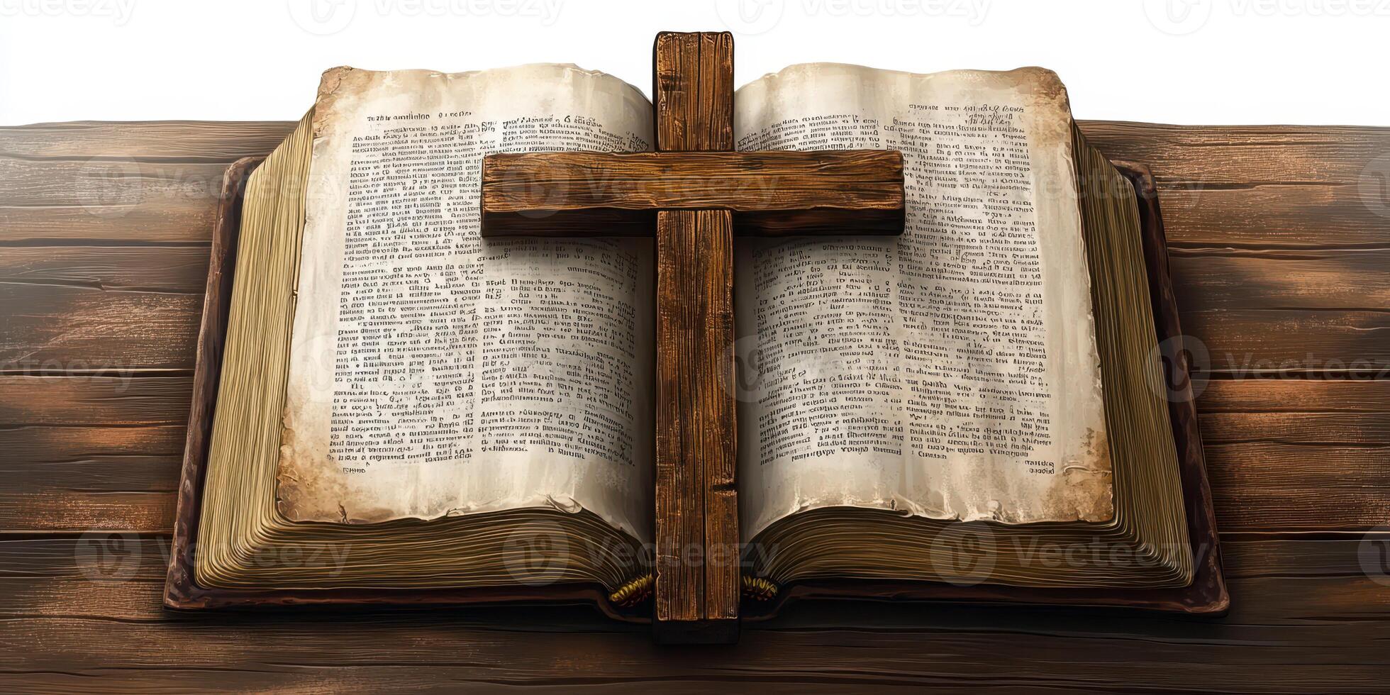 Open holy book resting on wooden table with a cross symbol placed on top photo