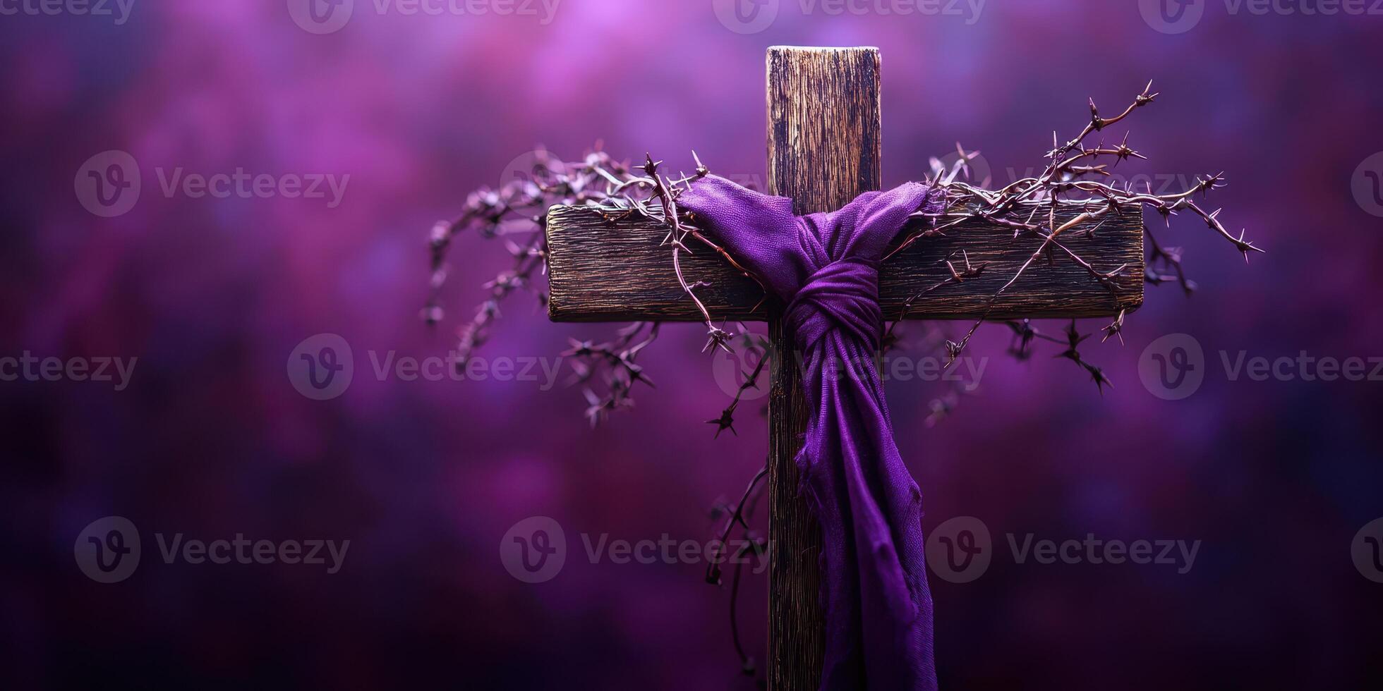 Wooden cross adorned with purple fabric and thorns in a serene purple backdrop conveying a spiritual atmosphere photo