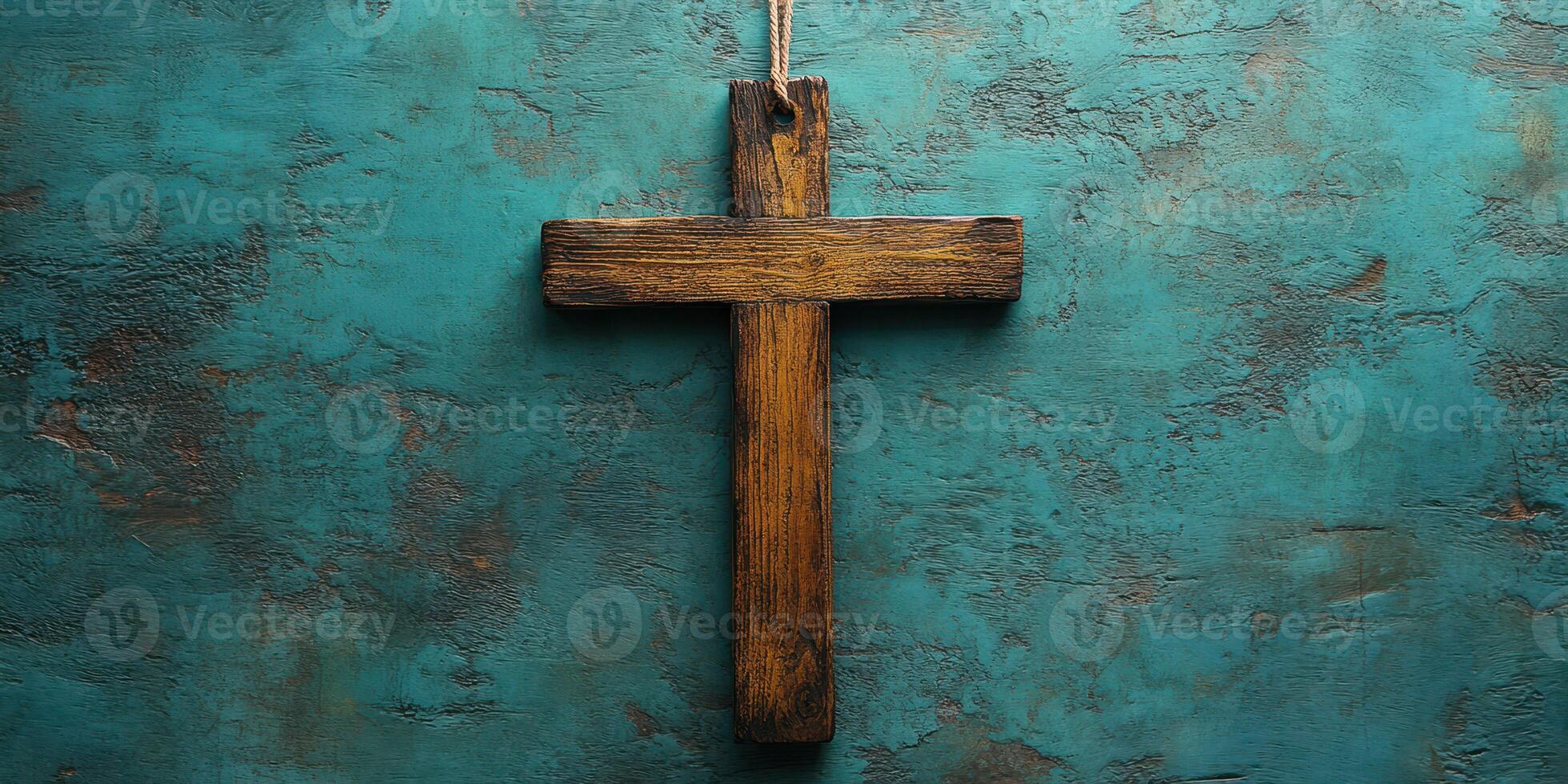 Wooden cross hanging on a textured blue background in a calm and serene setting photo