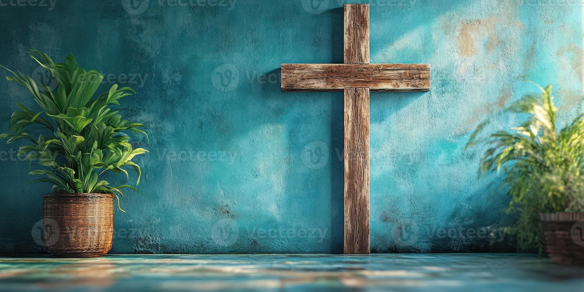 Rustic wooden cross shines against a vibrant turquoise wall with potted plants in a serene indoor setting photo