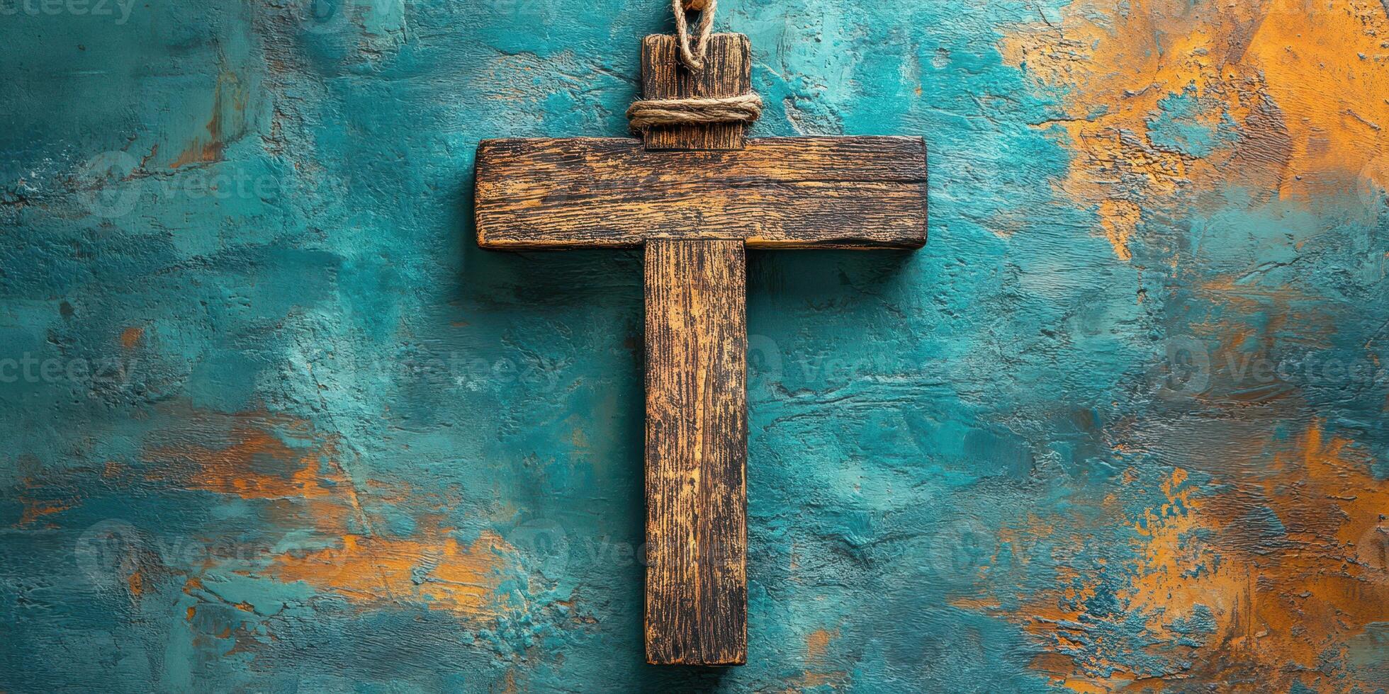 Distinctive wooden cross displayed against a textured turquoise and orange wall in a serene indoor setting photo
