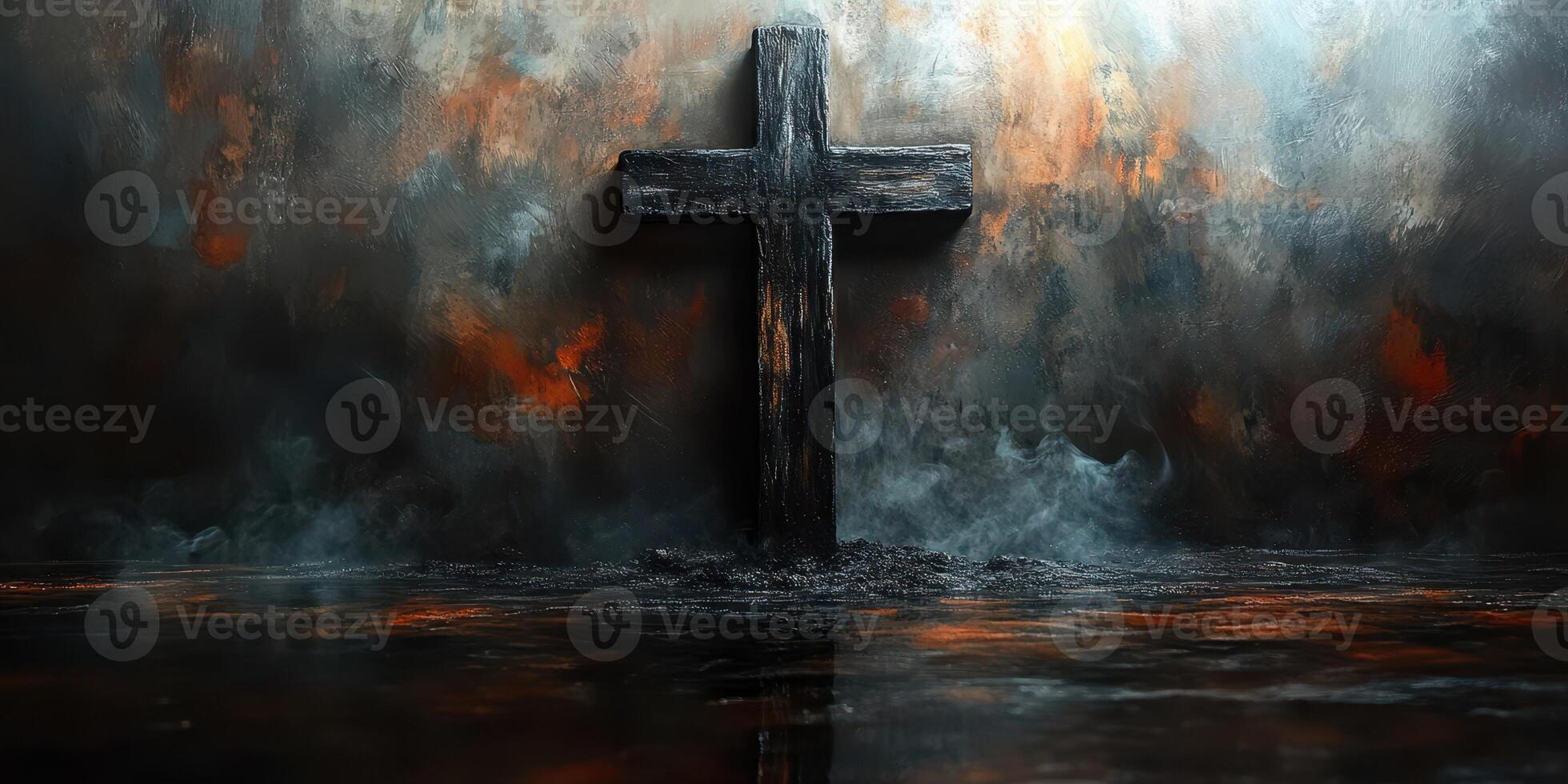 Distinctive wooden cross illuminated by dramatic light with fog and textured background photo