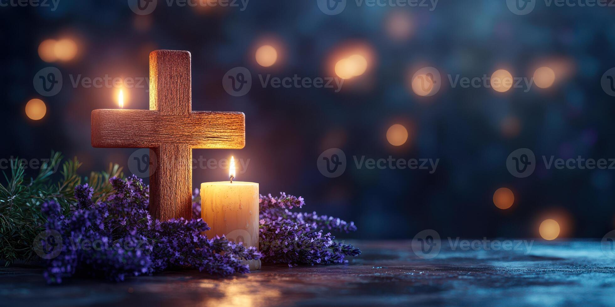 Wooden cross and candles with lavender flowers create a serene atmosphere for reflection and remembrance during evening hours photo