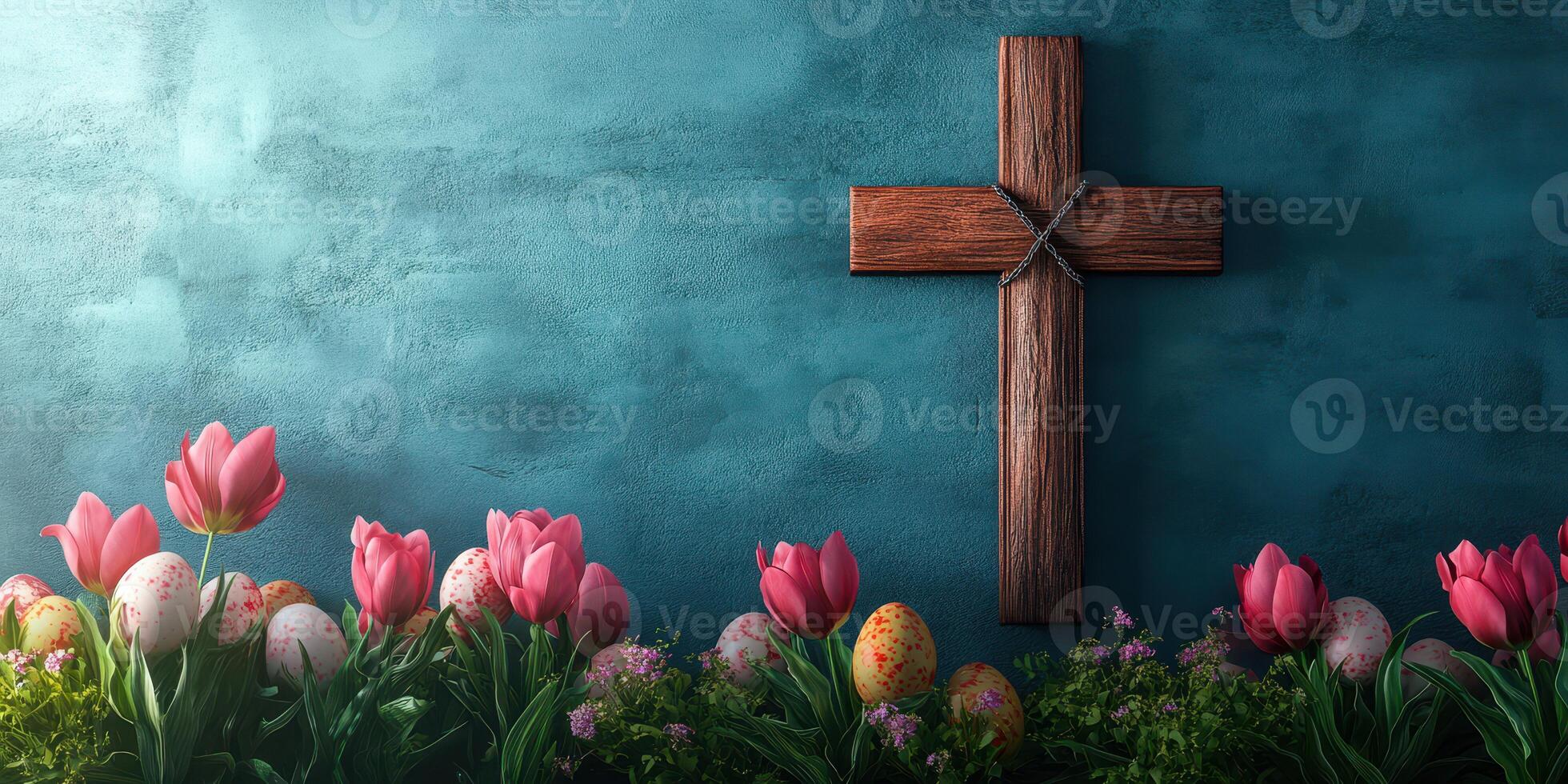 Vibrant Easter celebration with colorful eggs, blooming tulips, and a wooden cross against a textured blue background photo
