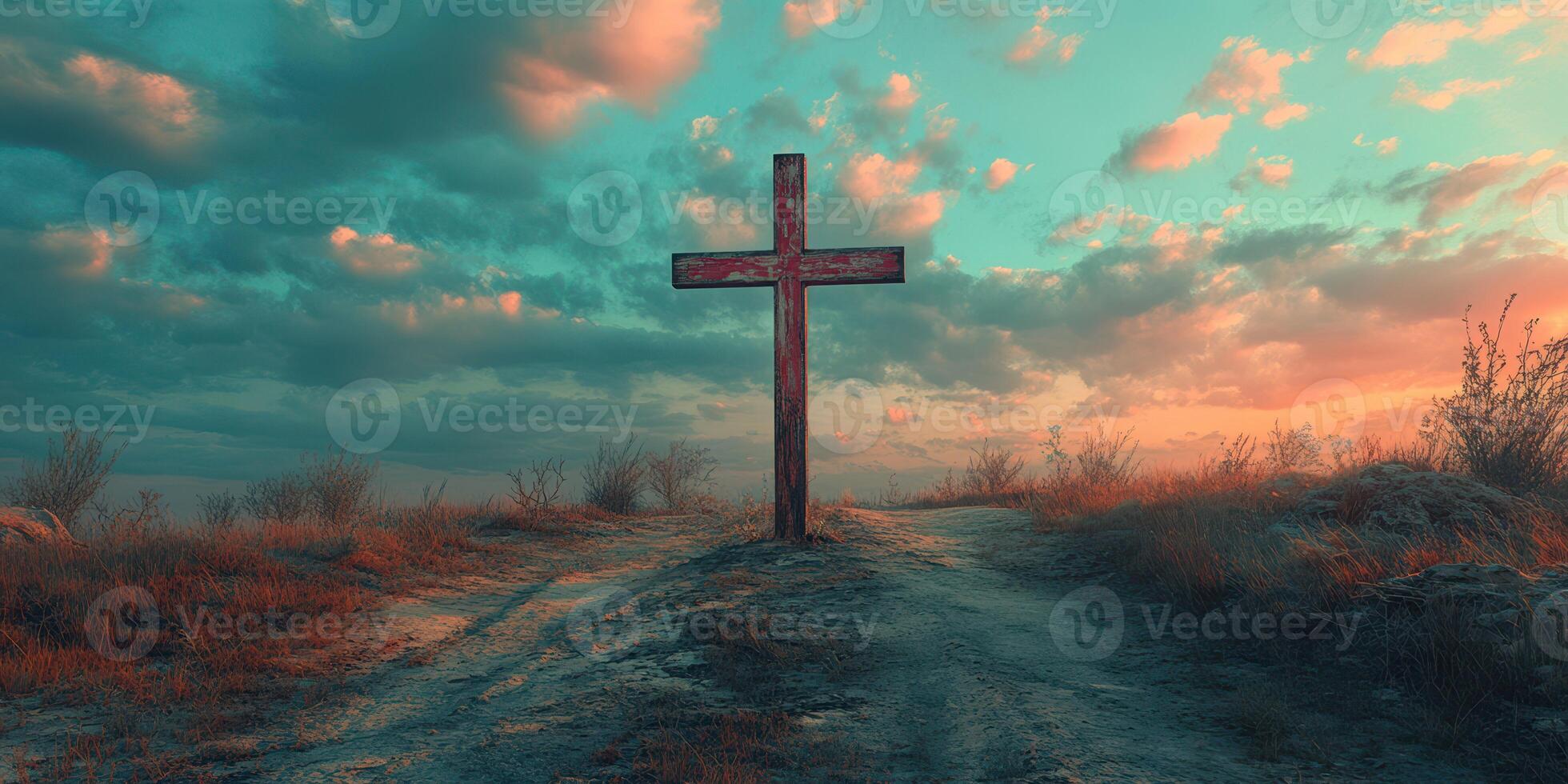 Cross stands alone in a serene landscape at sunset with dramatic clouds and distant hills photo