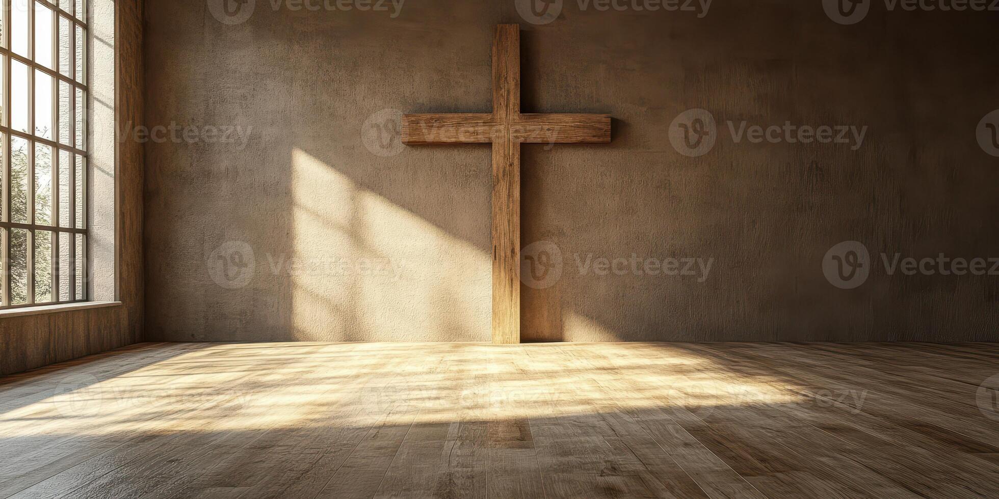 Wooden cross cast in warm light in a minimalistic space with large windows during the day photo