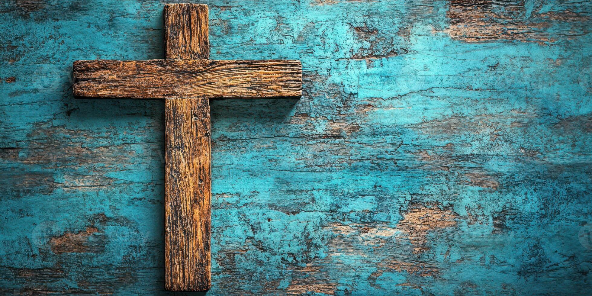 Rustic wooden cross against a textured turquoise background adds a spiritual touch to any space photo