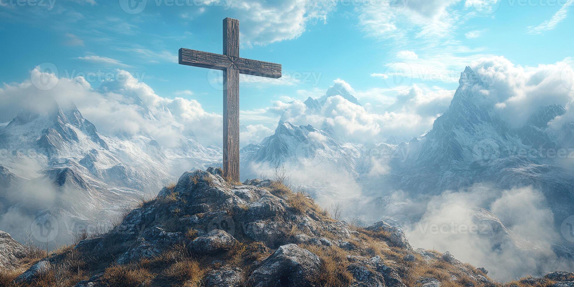 Serene mountain landscape with wooden cross against a backdrop of majestic peaks and clouds at sunrise photo