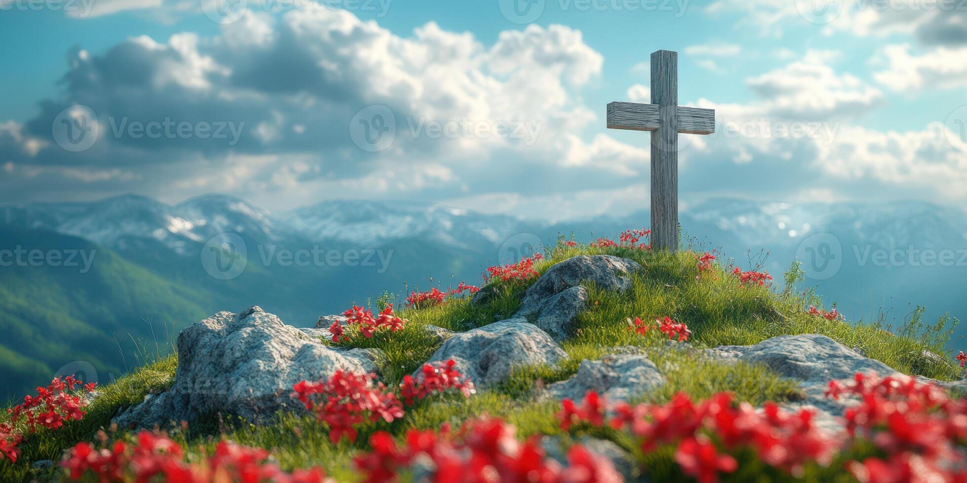 Cross stands on a mountain top surrounded by vibrant flowers under a blue sky with clouds photo