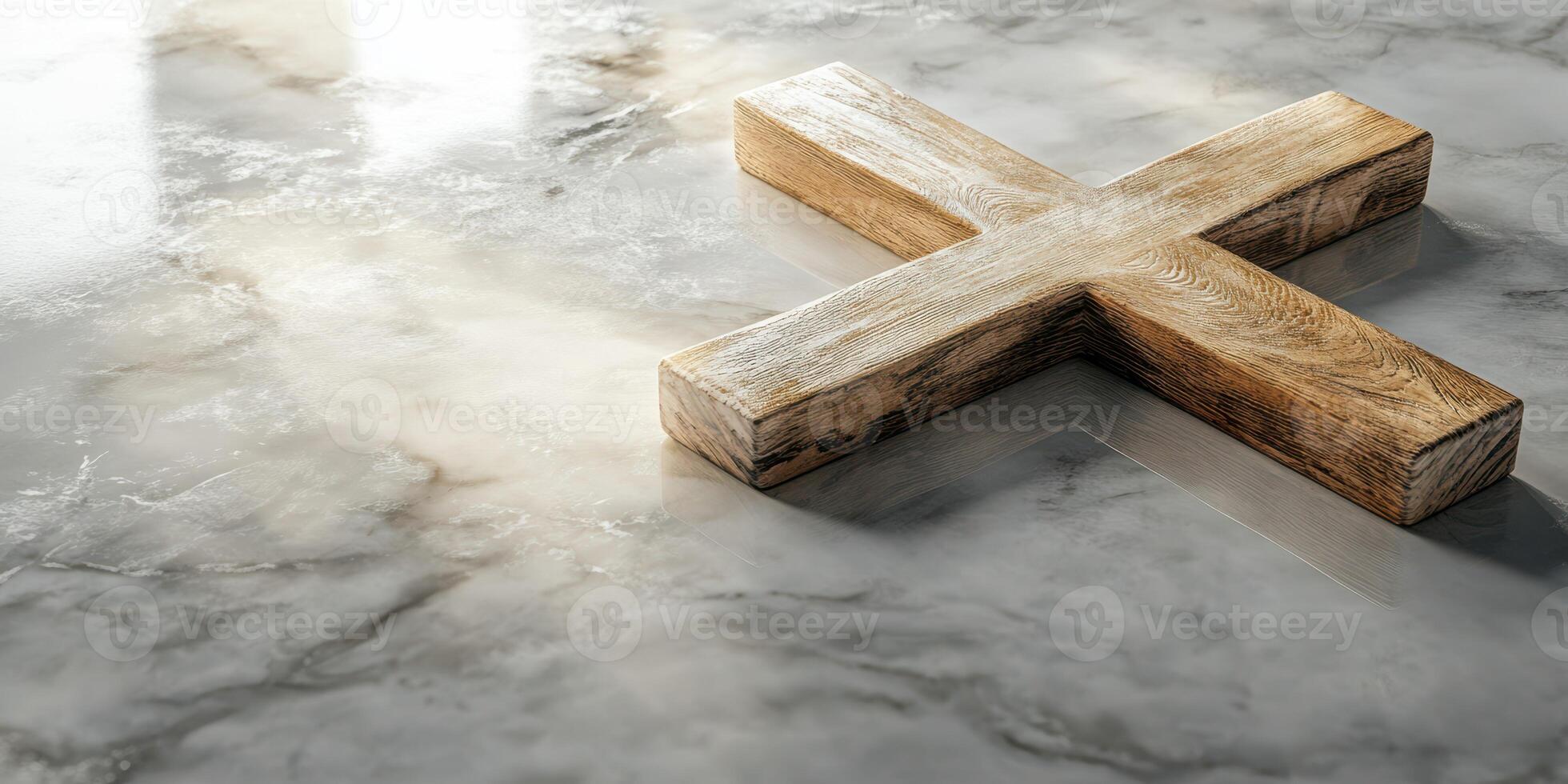 Wooden cross on a marble surface showcasing craftsmanship and design intricacies in a serene setting photo