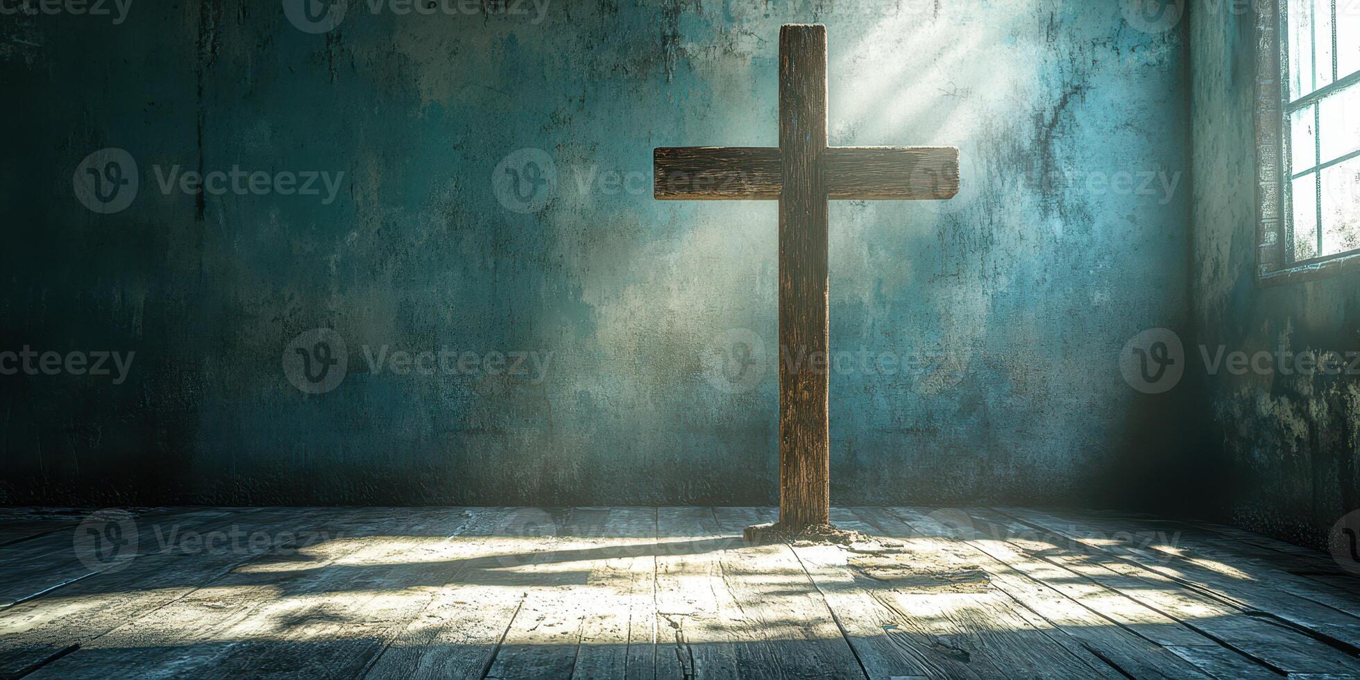 Light streams through a window illuminating a wooden cross in a serene, abandoned room photo