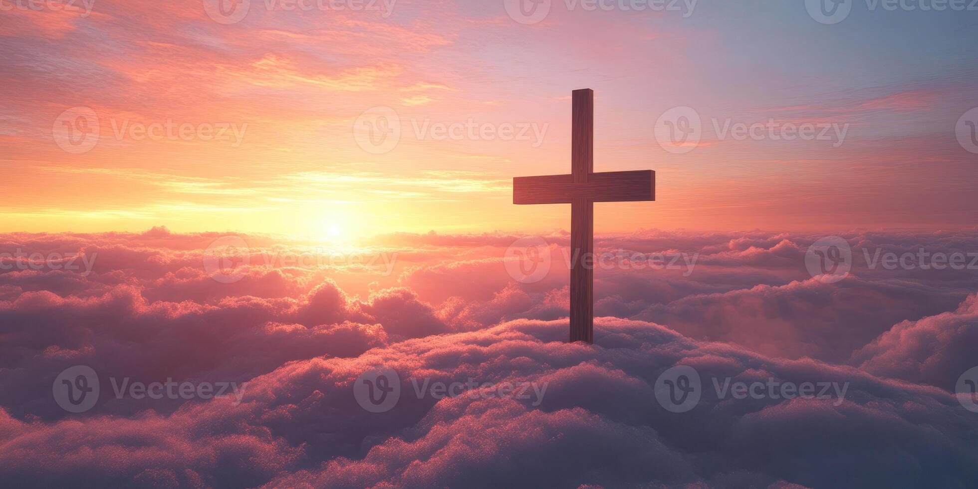 Cross rises above clouds during a breathtaking sunrise over a serene landscape photo