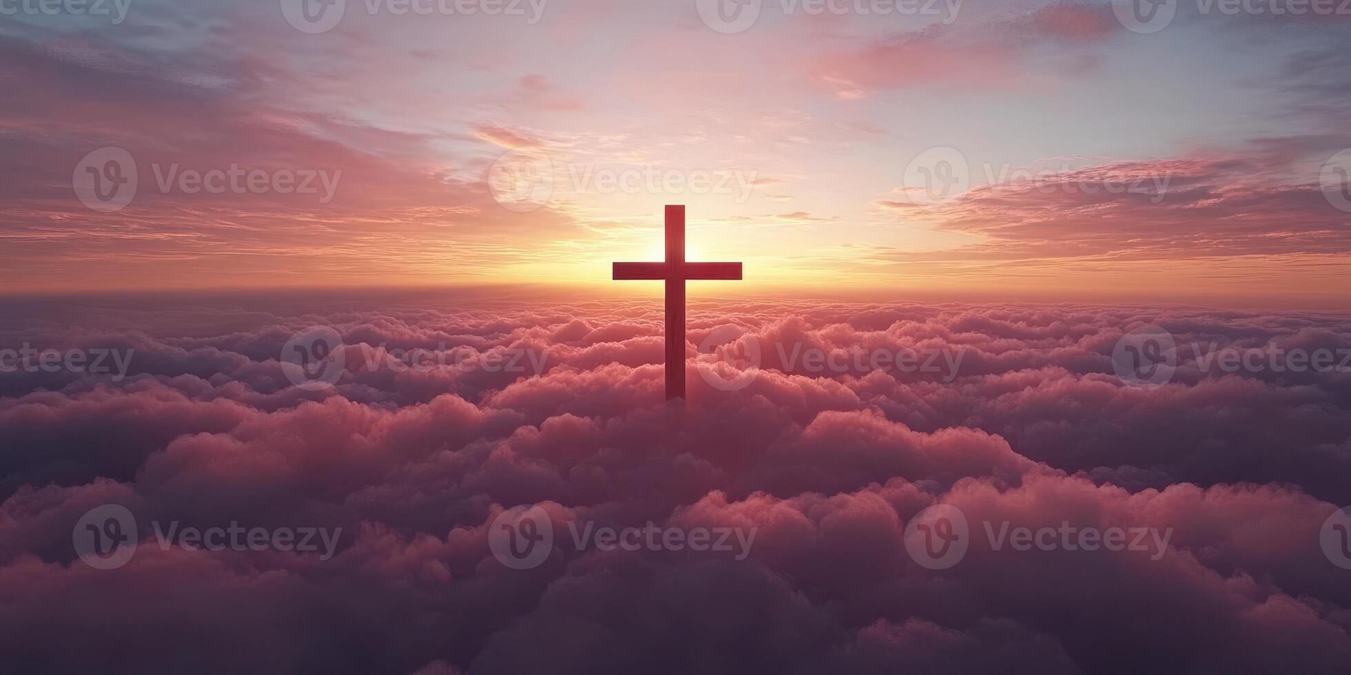 Spiritual sunrise over clouds with a cross symbolizing hope and faith in a serene sky photo