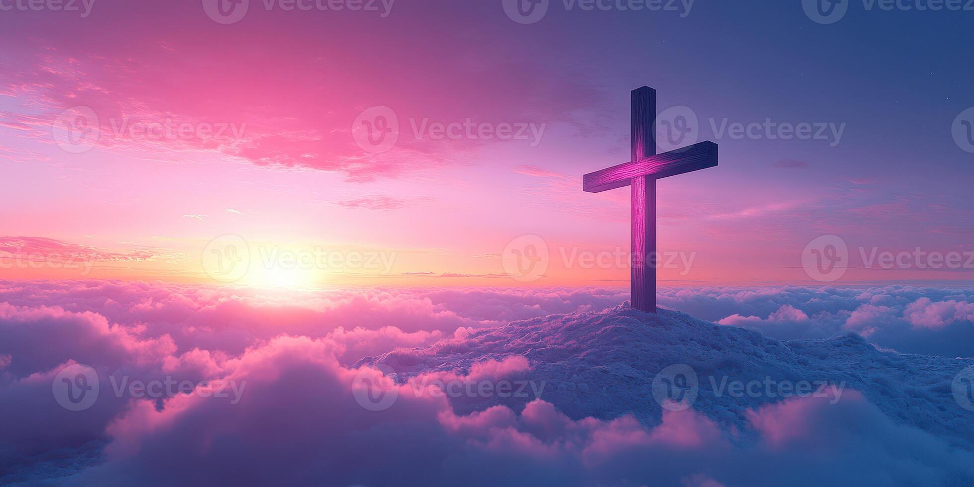 Beautiful sunrise illuminates a cross standing on clouds, symbolizing hope and faith in a serene sky photo