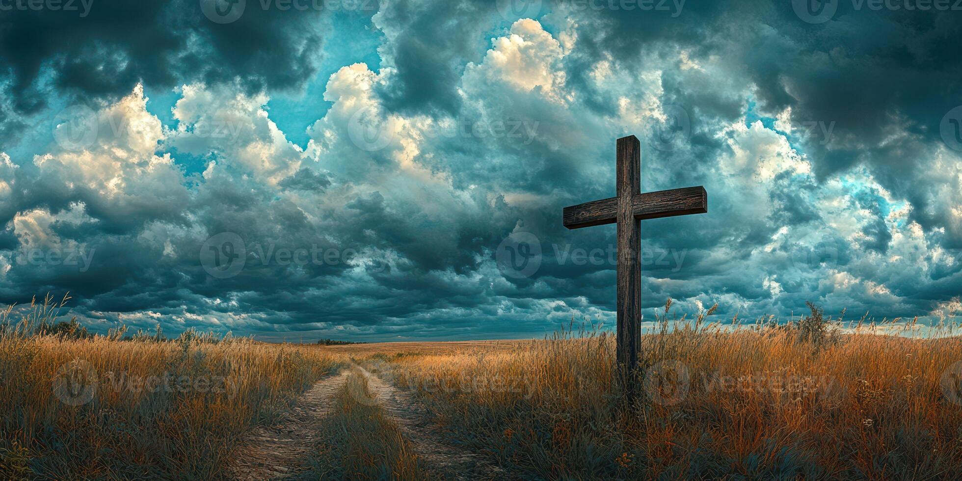 Cross stands lonely in a vast field beneath a dramatic sky filled with dark clouds photo