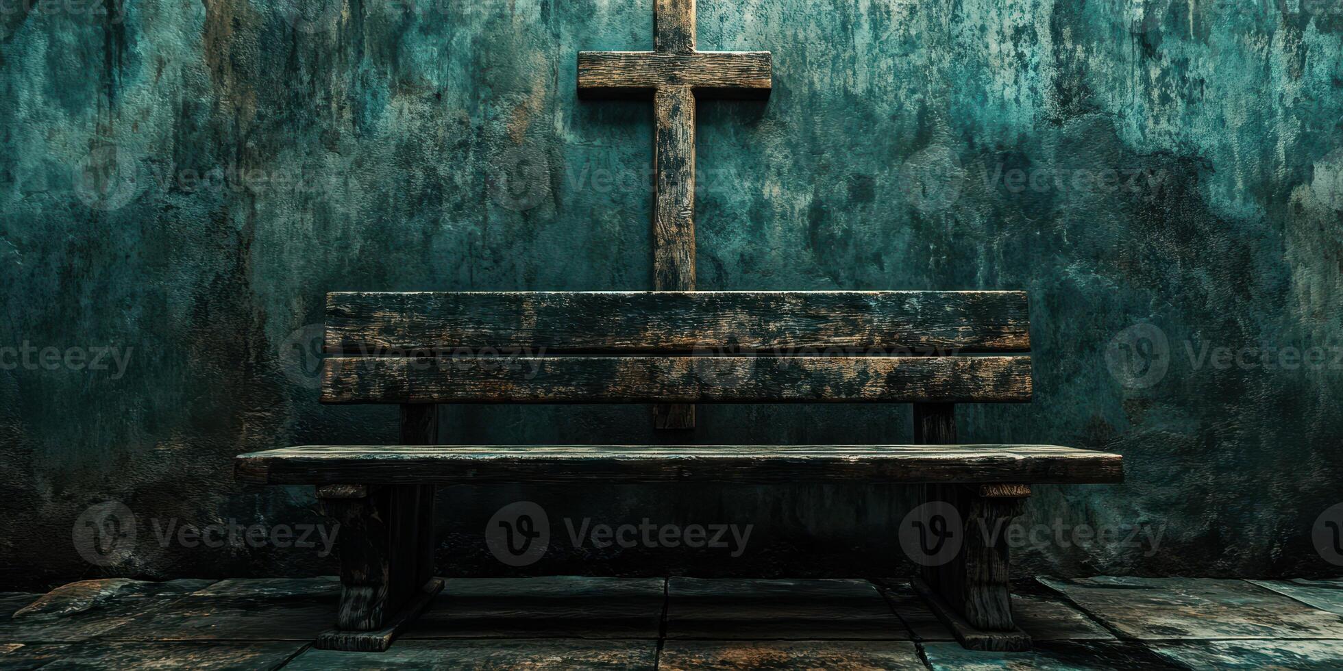 Weathered wooden bench with a cross on a textured wall in a somber and reflective space photo