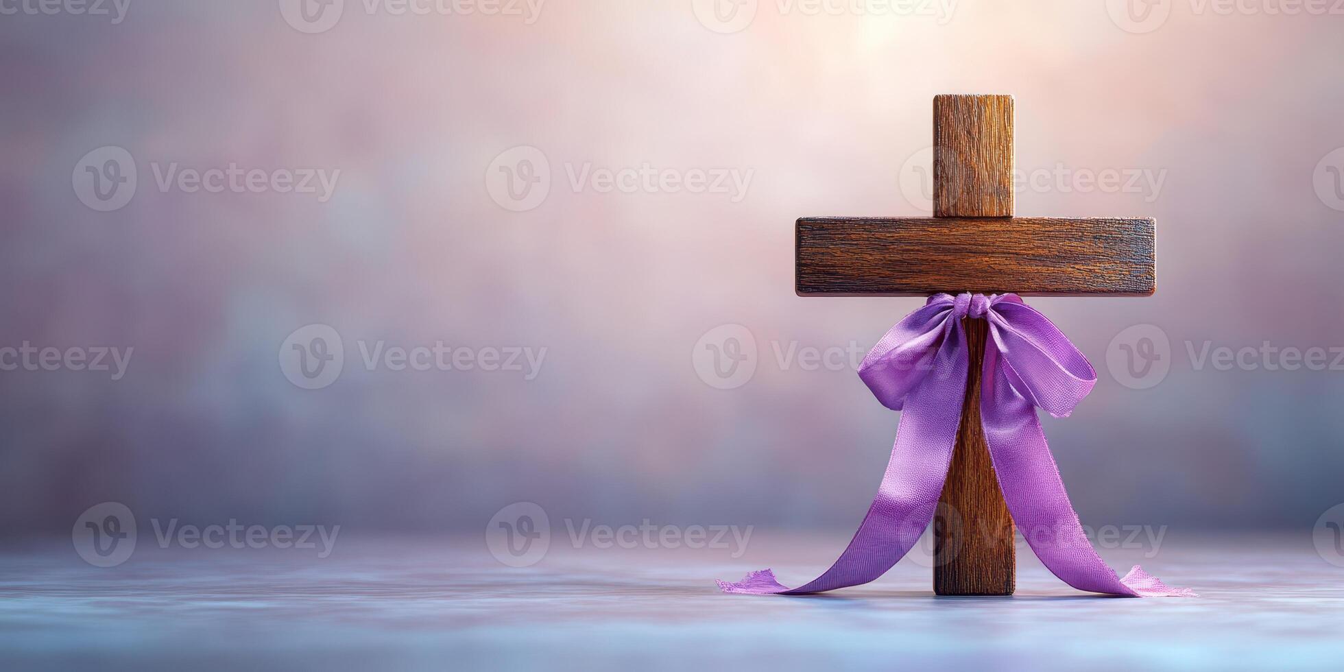 Wooden cross with purple ribbon set against a soft blurred background during a calm and reflective moment photo