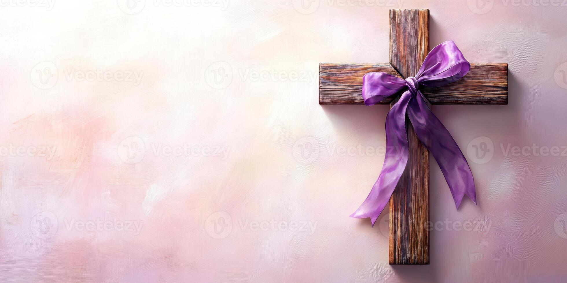 Wooden cross with purple ribbon ornament displayed on a soft textured background for religious occasions and celebrations photo