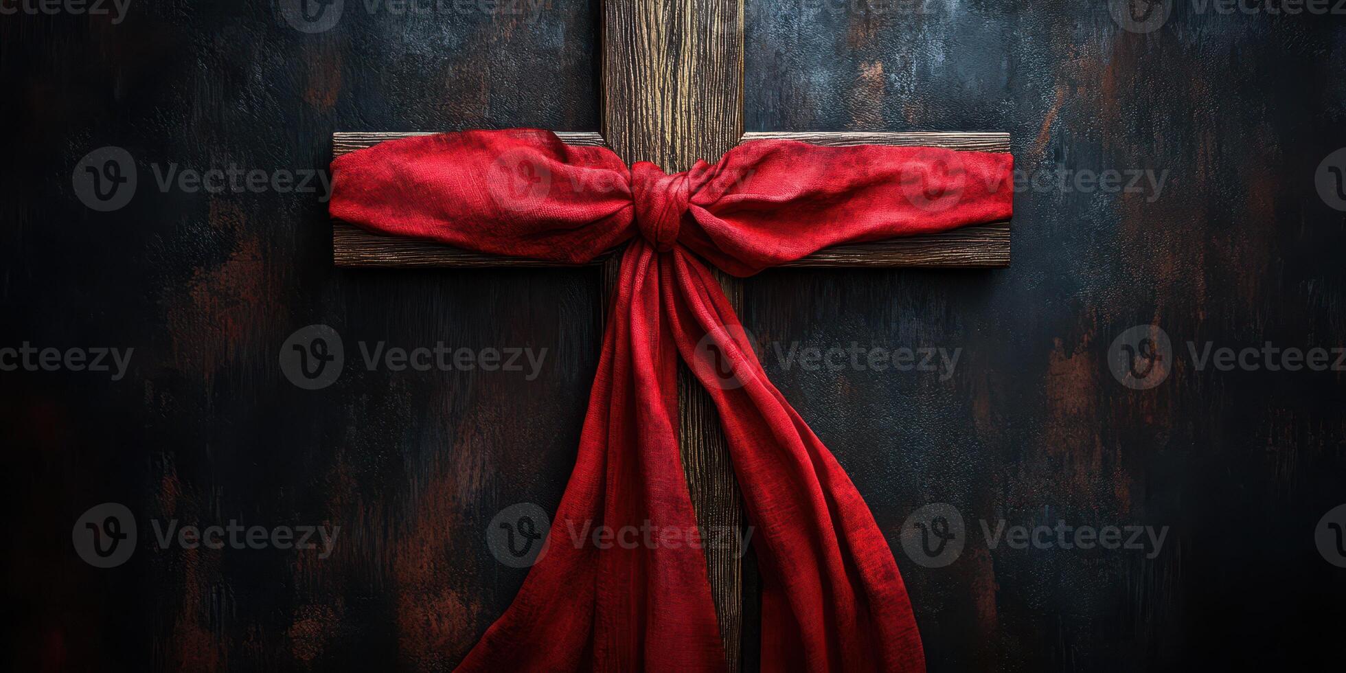 Cross adorned with a vibrant red ribbon against a dark textured background during a reflective moment photo
