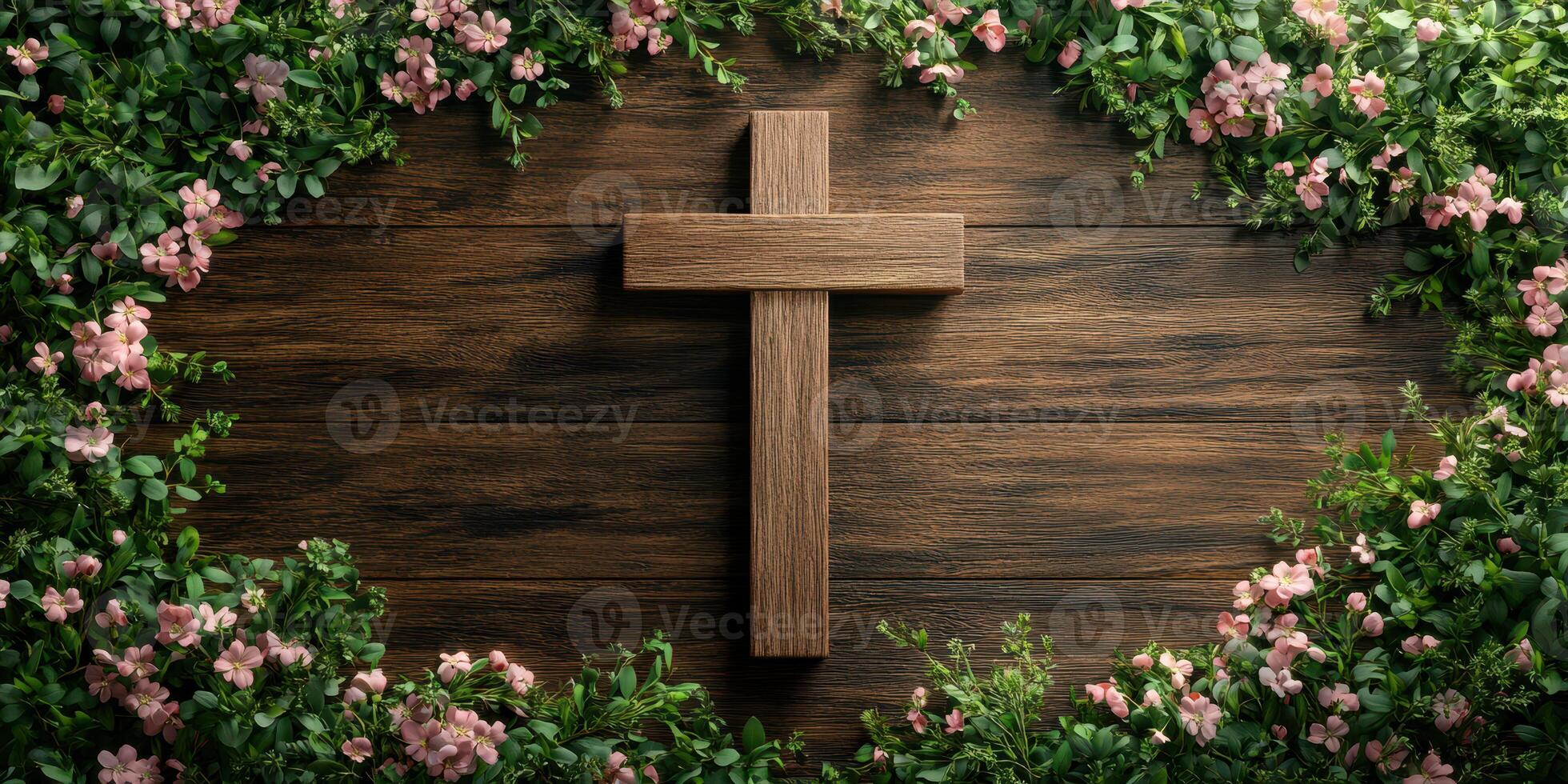Wooden cross surrounded by flowers and greenery on a rustic wooden background photo