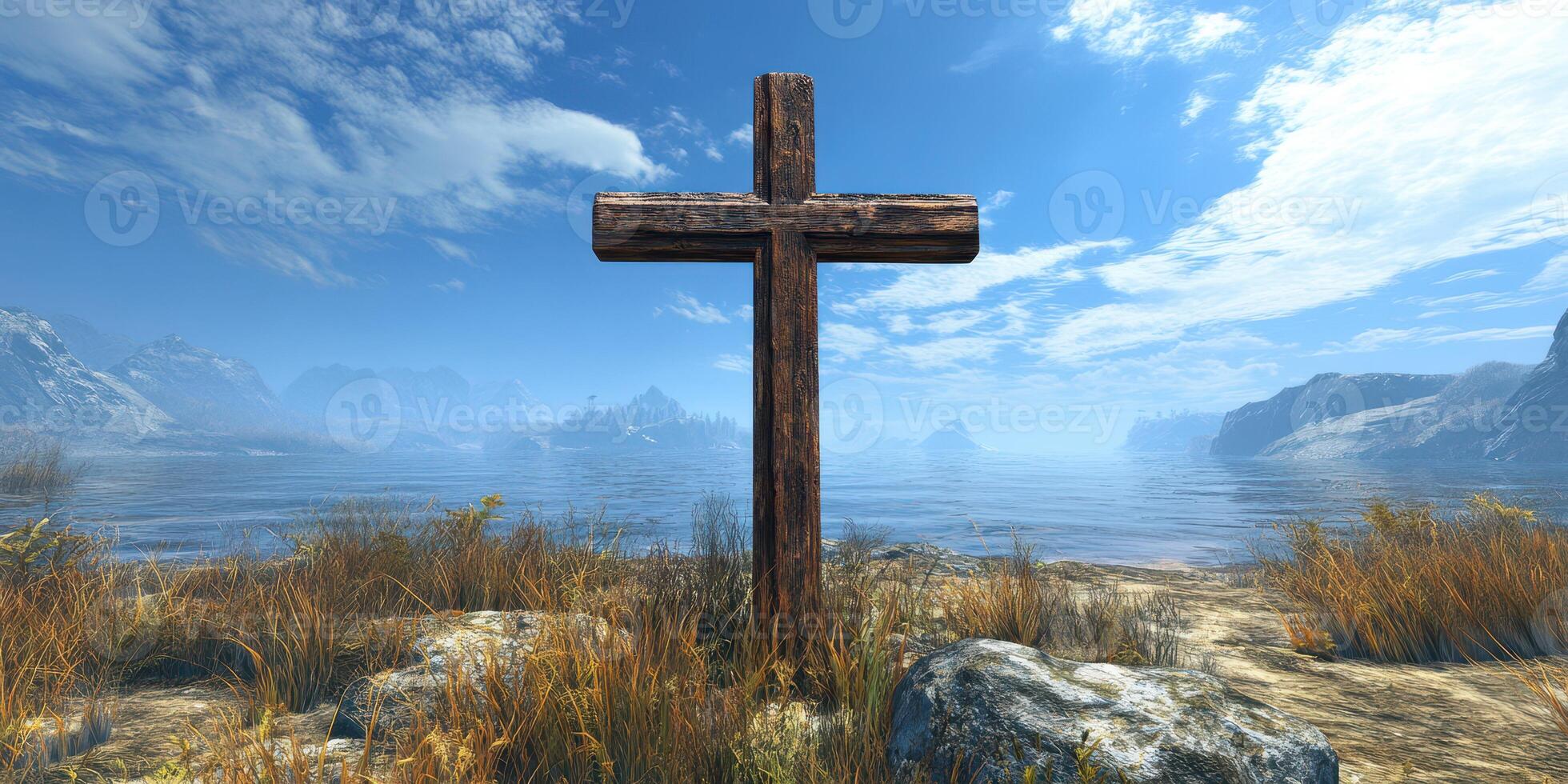 Rustic wooden cross stands by tranquil lake surrounded by mountains under clear blue sky photo