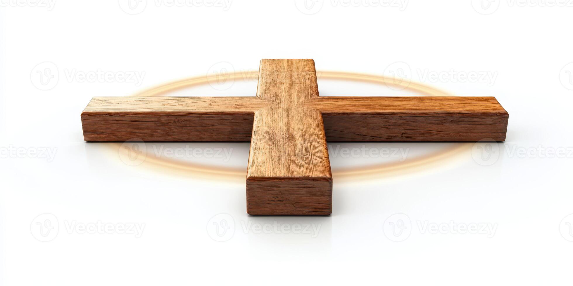 Wooden cross on a white background with a subtle light halo effect highlighting its texture and form during a calm moment photo