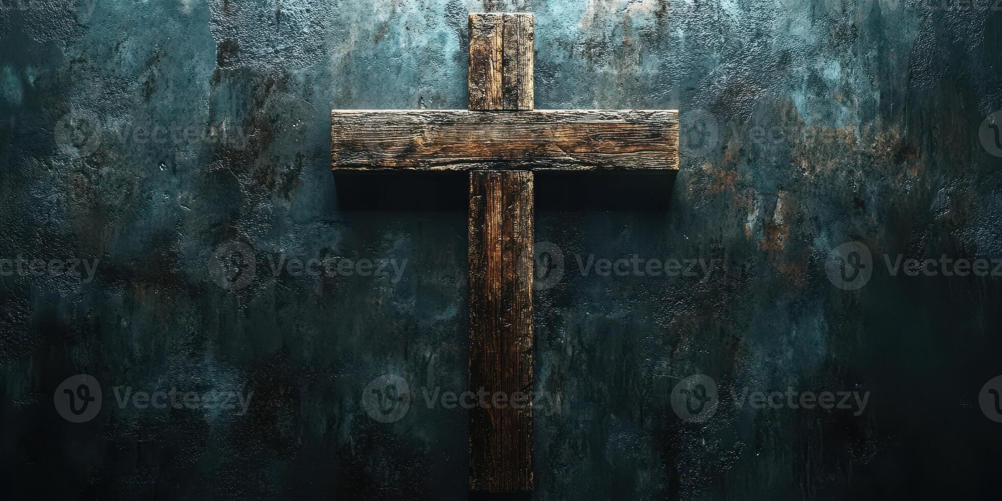Wooden cross mounted on a textured dark wall creates a contemplative atmosphere in a space photo