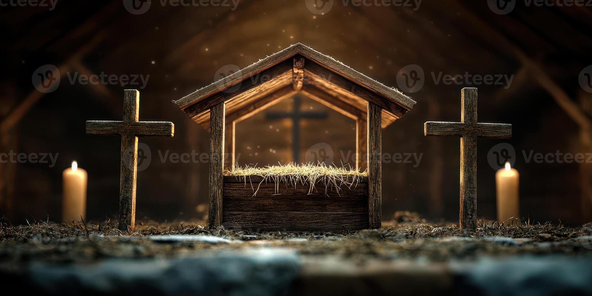 Nativity scene with wooden stable, crosses, and candles illuminated in a rustic setting photo