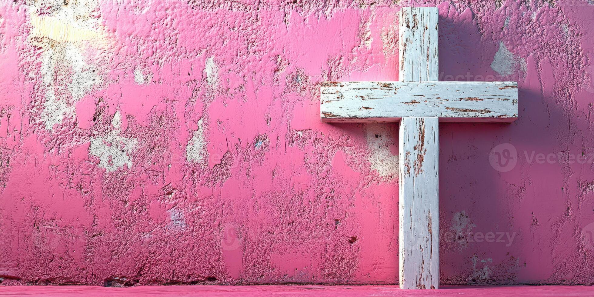 Rustic white cross against vibrant pink wall creates a striking contrast in an artistic setting photo