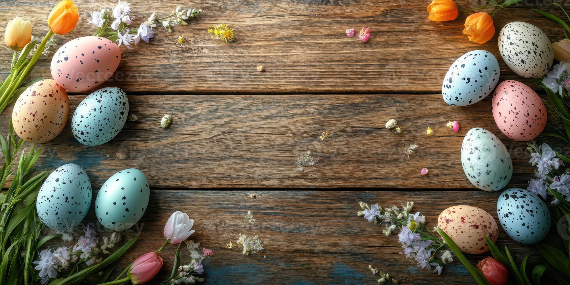 Decoratively painted eggs arranged on a rustic wooden table with spring flowers for an Easter celebration photo