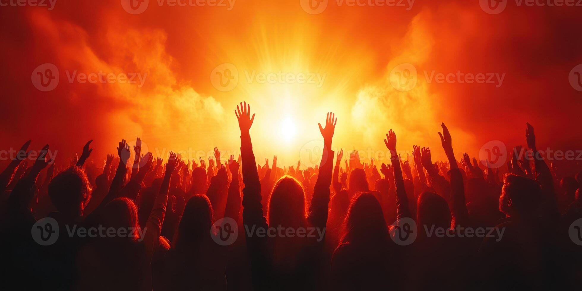 Crowd celebrating at a vibrant music festival during sunset in a lively outdoor setting filled with energy and excitement photo