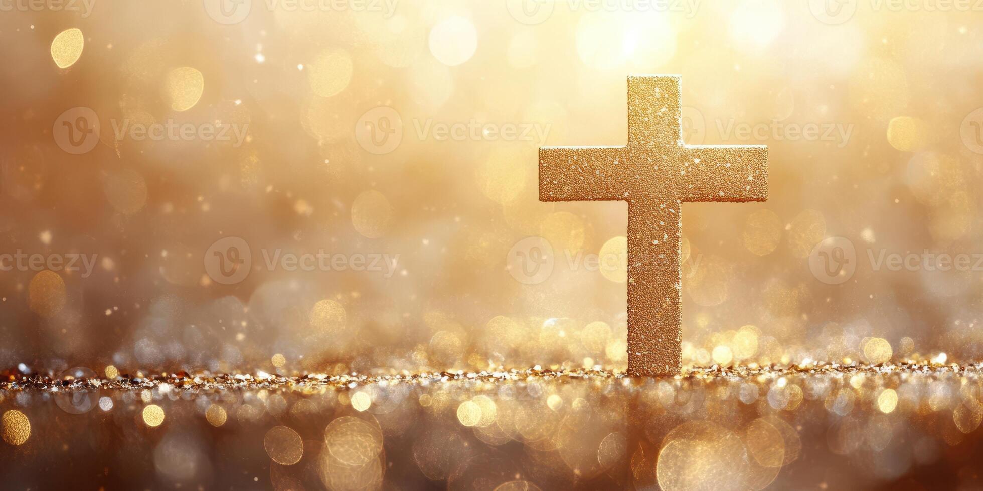 Golden cross illuminated by soft light creates a serene atmosphere during a religious celebration photo