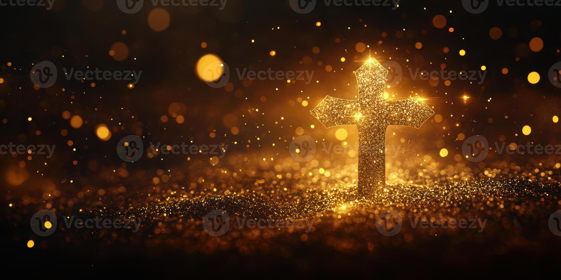 Golden cross surrounded by sparkling lights in a dark atmosphere during a spiritual moment photo