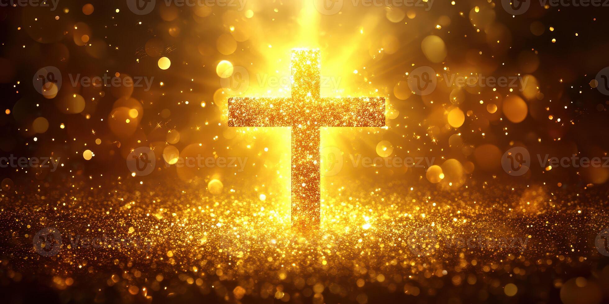 Glowing golden cross illuminating sparkles in a serene and divine atmosphere during a peaceful evening photo
