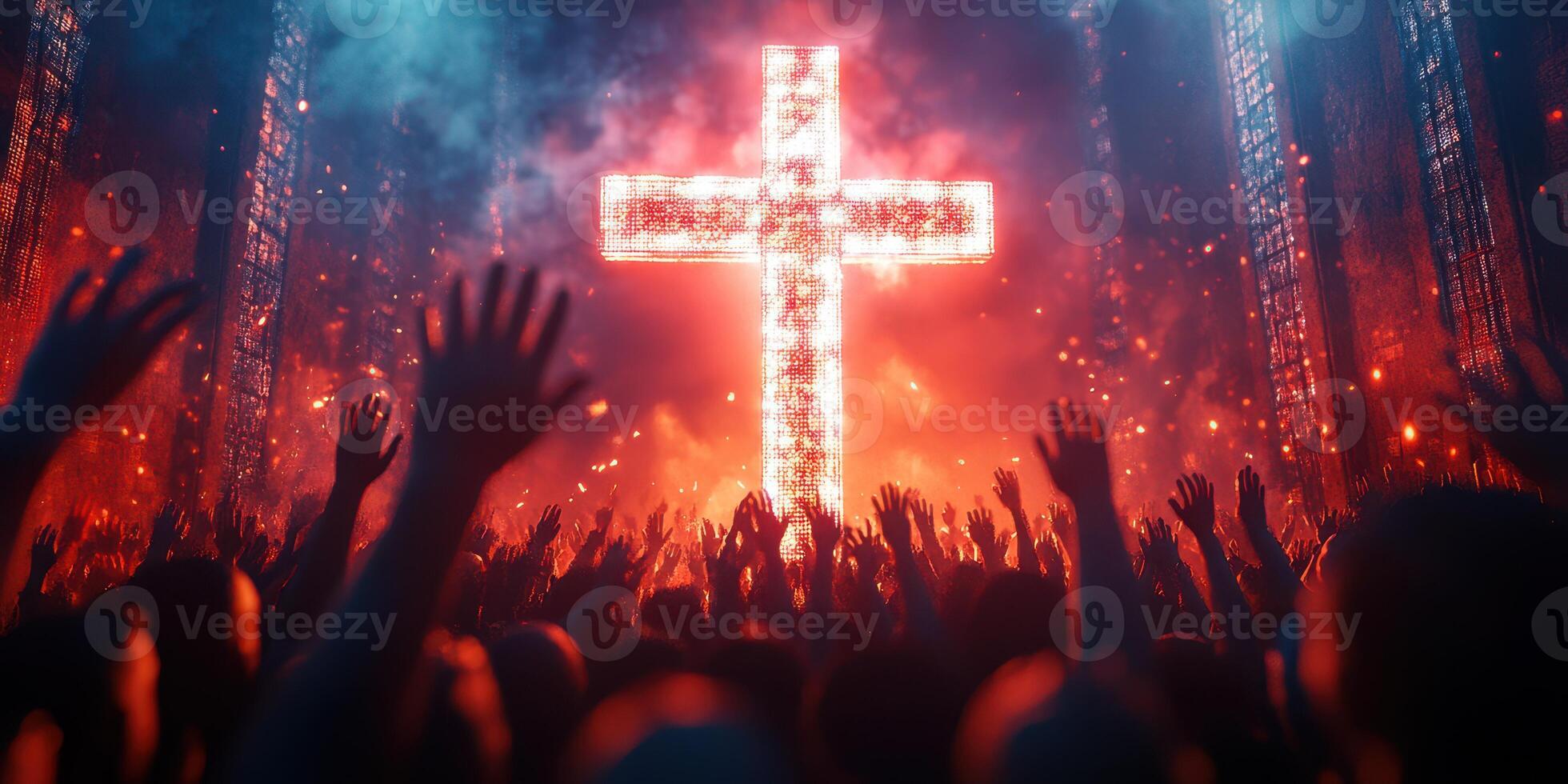 Worshippers raise their hands in devotion during a vibrant church service with a glowing cross photo