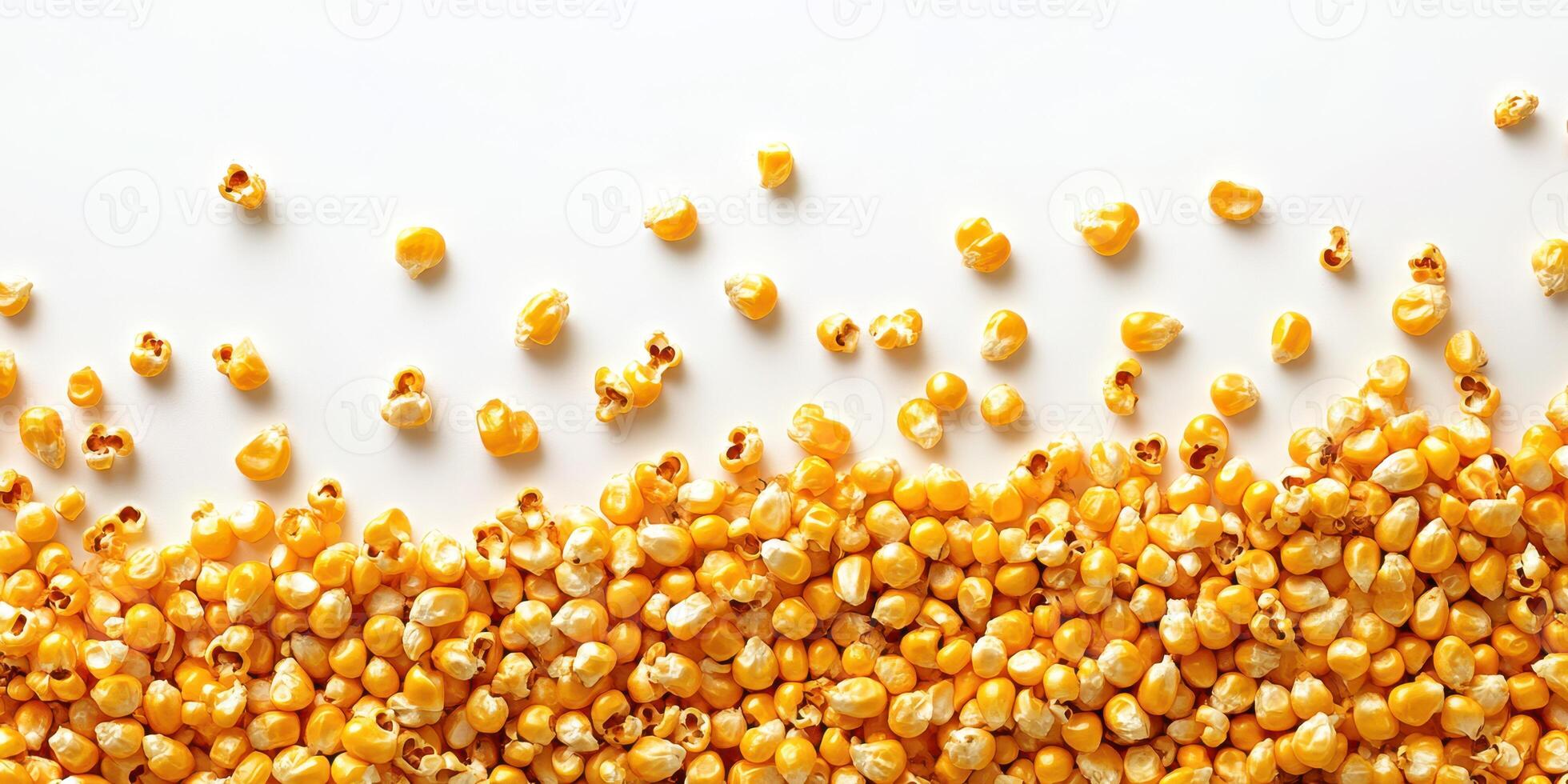 Yellow corn kernels scattered across a white background showcasing their vibrant color and texture for culinary uses photo