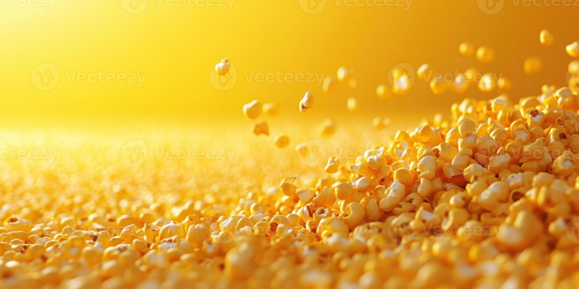 Popcorn kernels scattered on a vibrant yellow background create a lively and dynamic visual experience photo