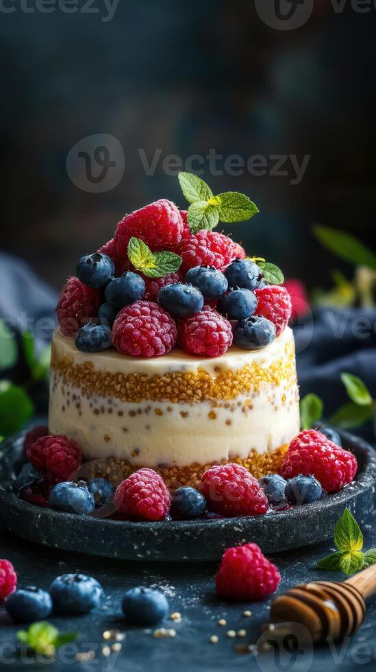Delicious dessert featuring fresh berries on a creamy cake displayed on a dark background photo