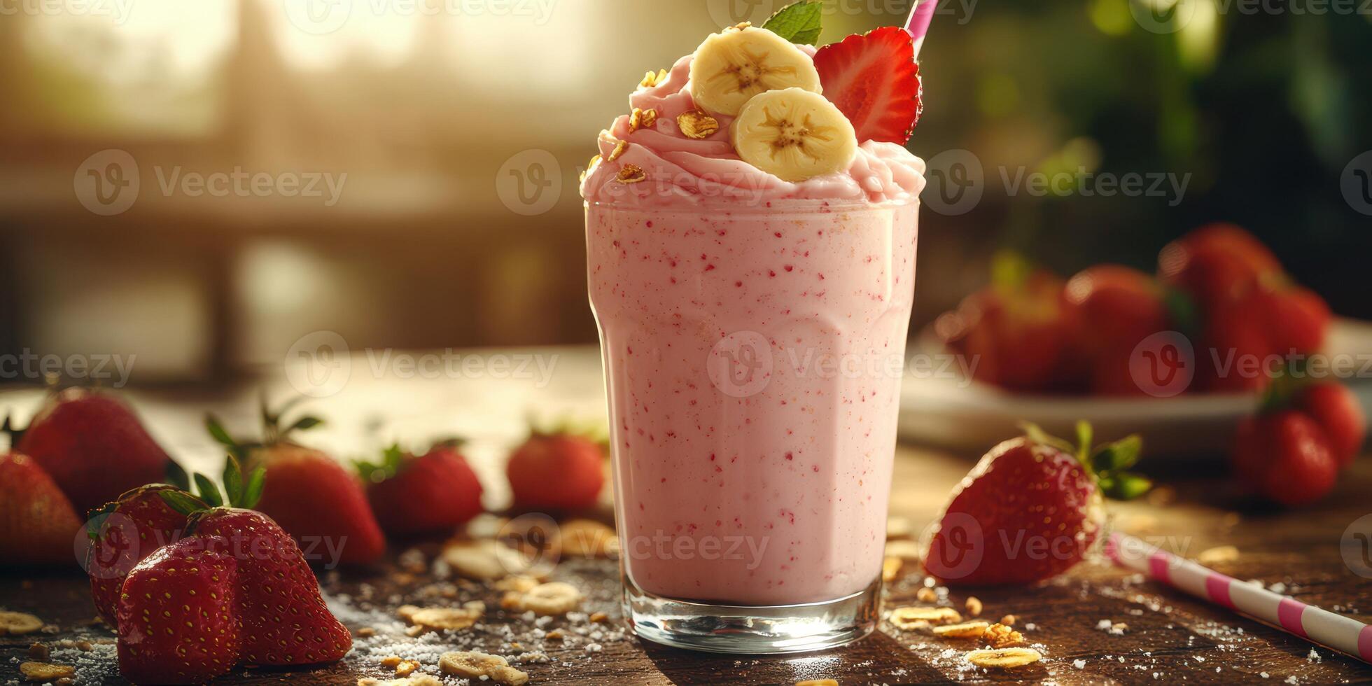 Refreshing strawberry banana smoothie served in clear glass with fresh fruit and granola on wooden table photo