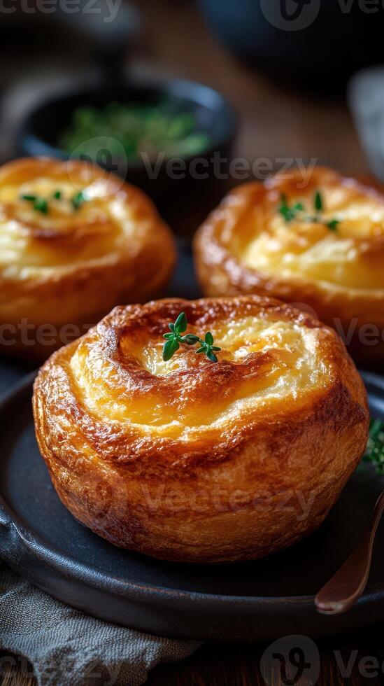 Savory pastry dish with creamy filling garnished with fresh herbs served on a rustic table photo