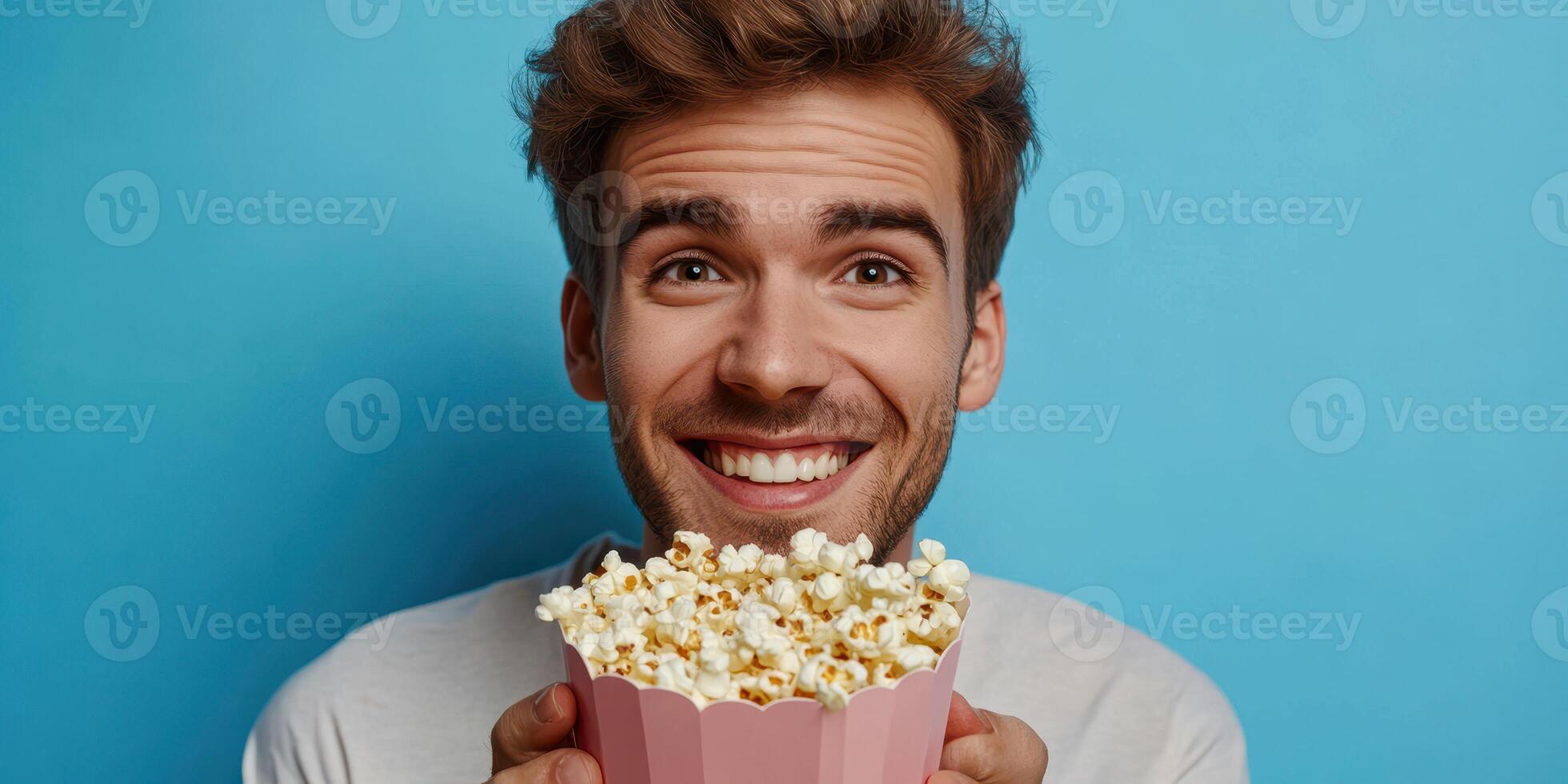 Happy young man enjoying popcorn against a bright blue background while celebrating a fun movie night with friends photo