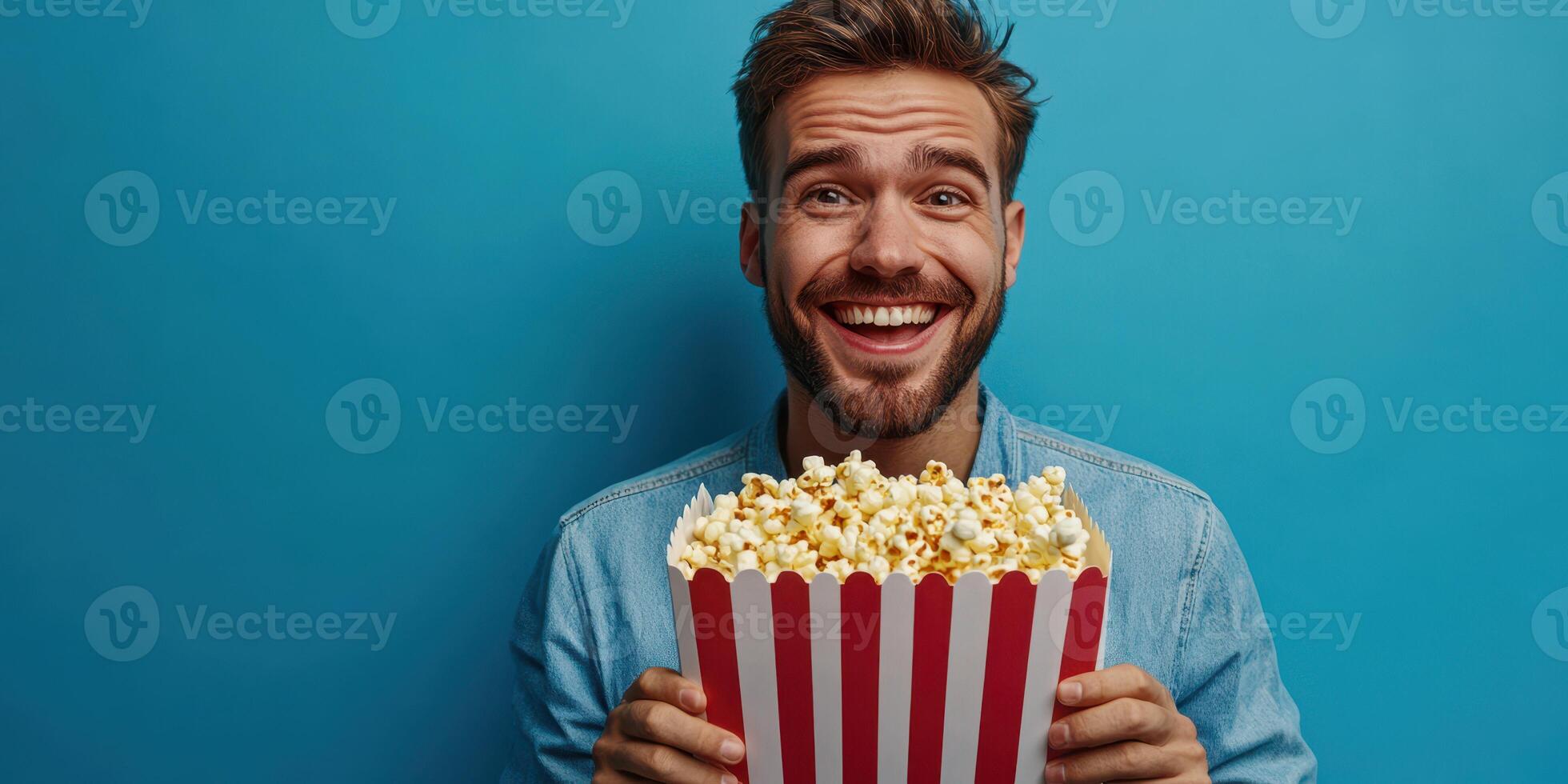 Young man enjoys movie night while holding a large bucket of popcorn against a blue background in a casual setting photo