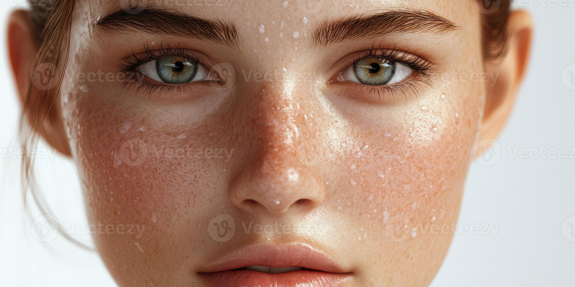 Close-up of a youthful woman displaying natural beauty and freckles with dewy skin in soft light photo