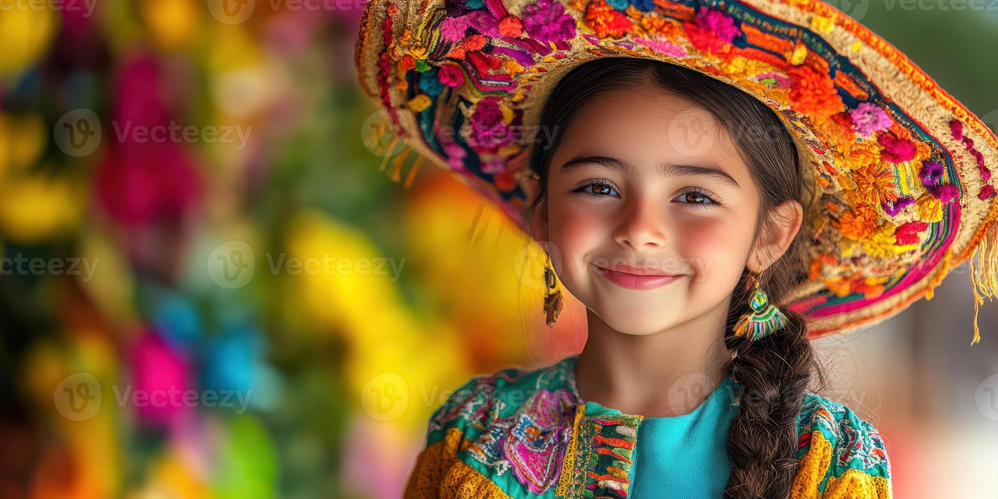 Young girl in traditional attire and colorful hat poses with a cheerful smile at a cultural festival celebration photo