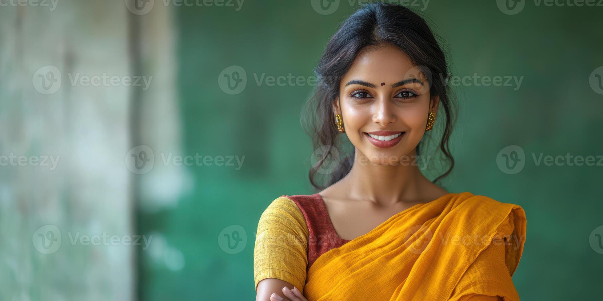 Young woman in traditional attire smiles warmly in a vibrant setting during a sunny afternoon photo