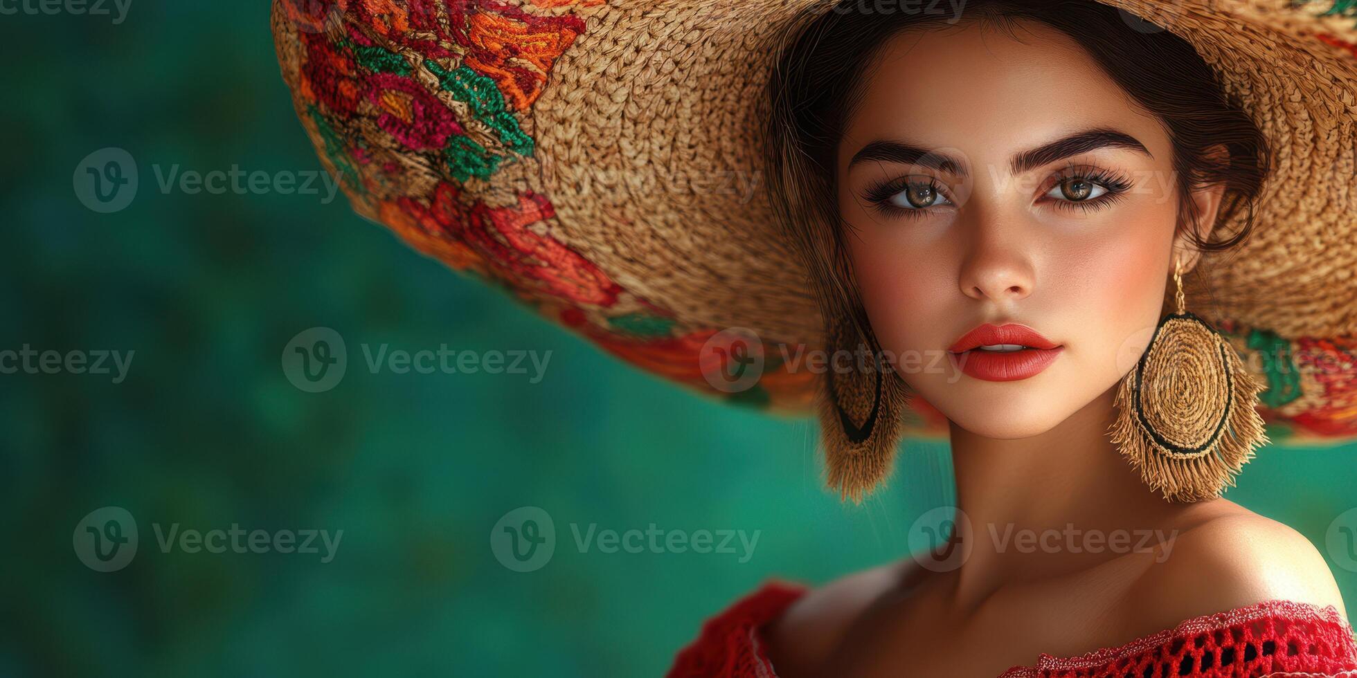 Young woman poses in traditional attire with a large decorative hat showcasing vibrant colors and intricate details in a natural setting photo
