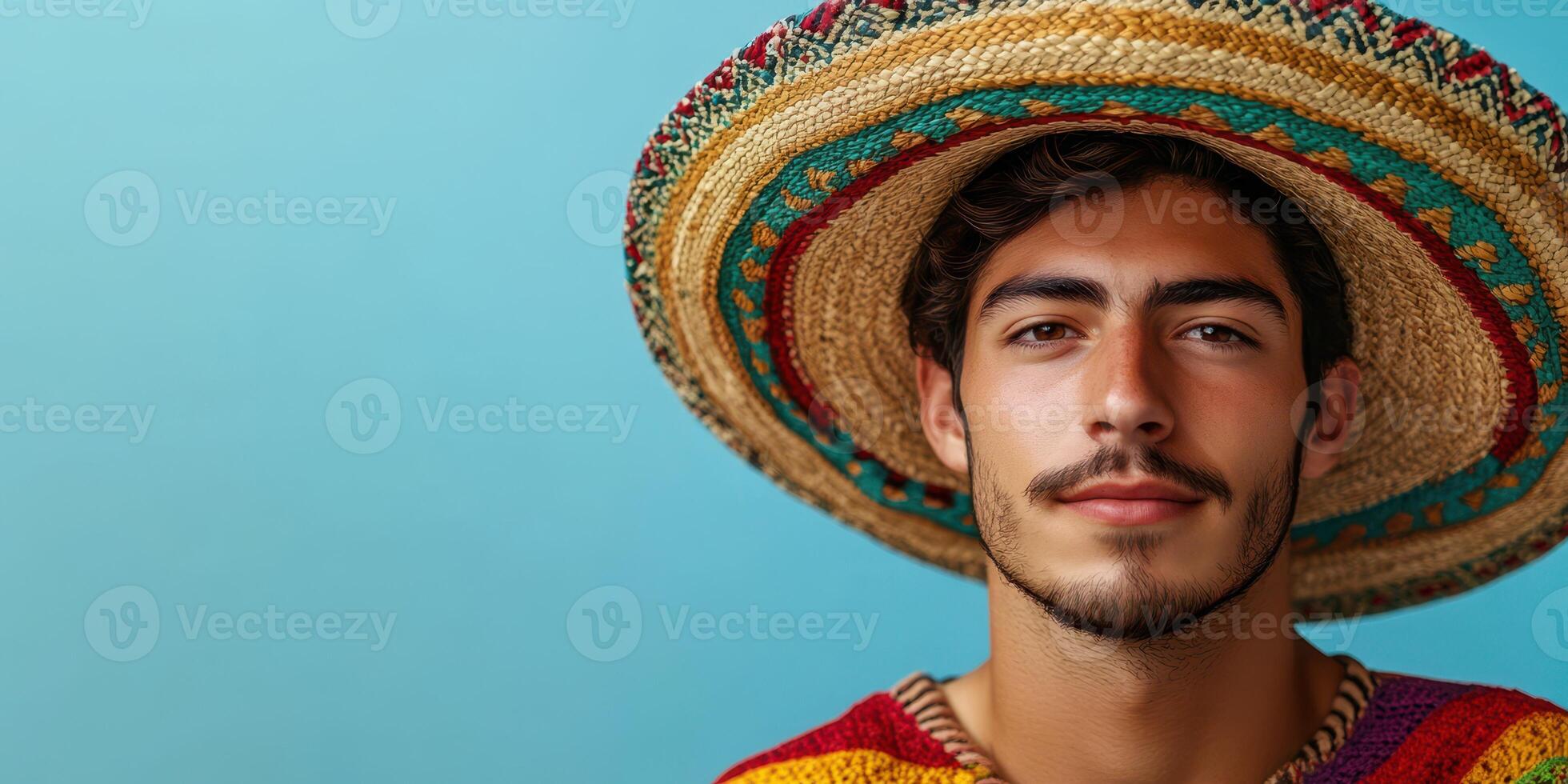 Young man wearing a colorful sombrero posing against a bright blue background during a festive celebration photo