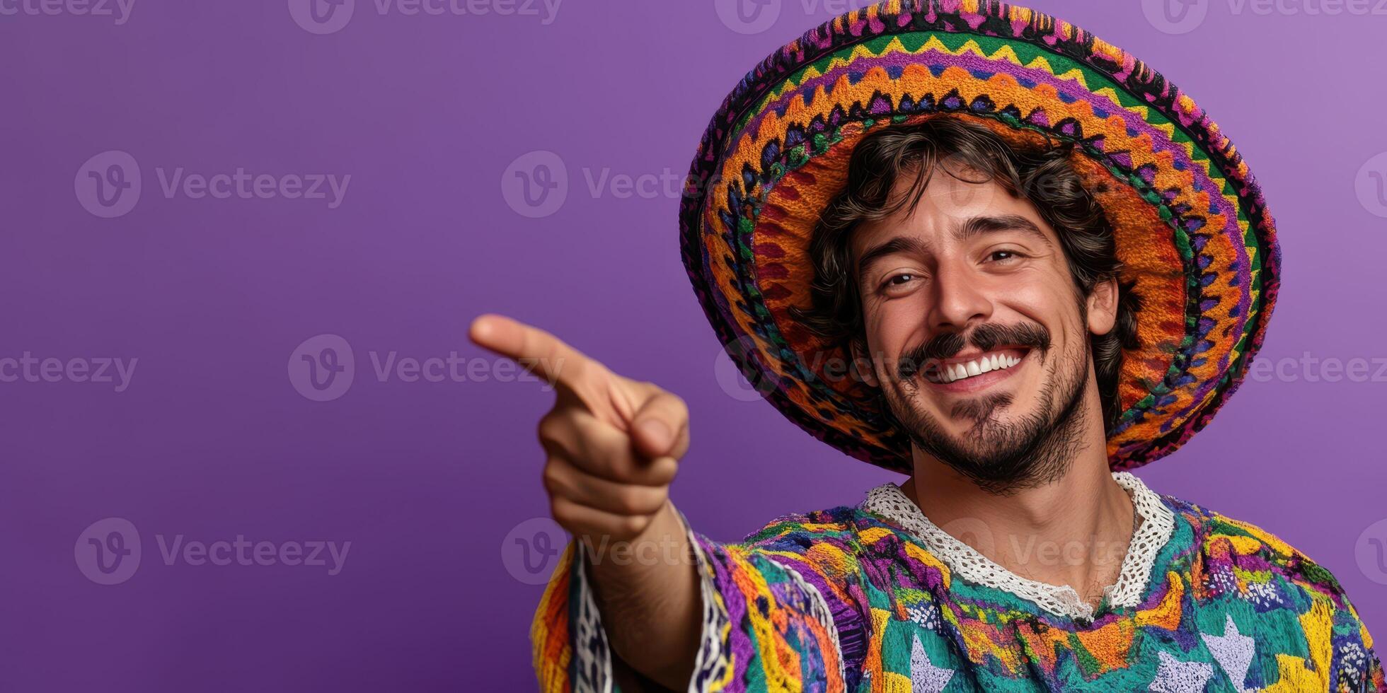 Colorful celebration featuring a man in traditional attire smiling and pointing against a vibrant purple backdrop photo